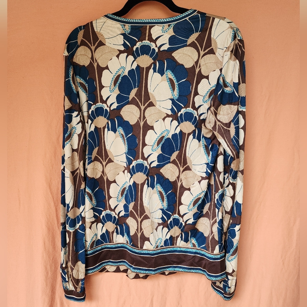 Trina Turk Blue, Brown & Cream Floral Long Sleeve Tie-Neck Top - Picture 2 of 3